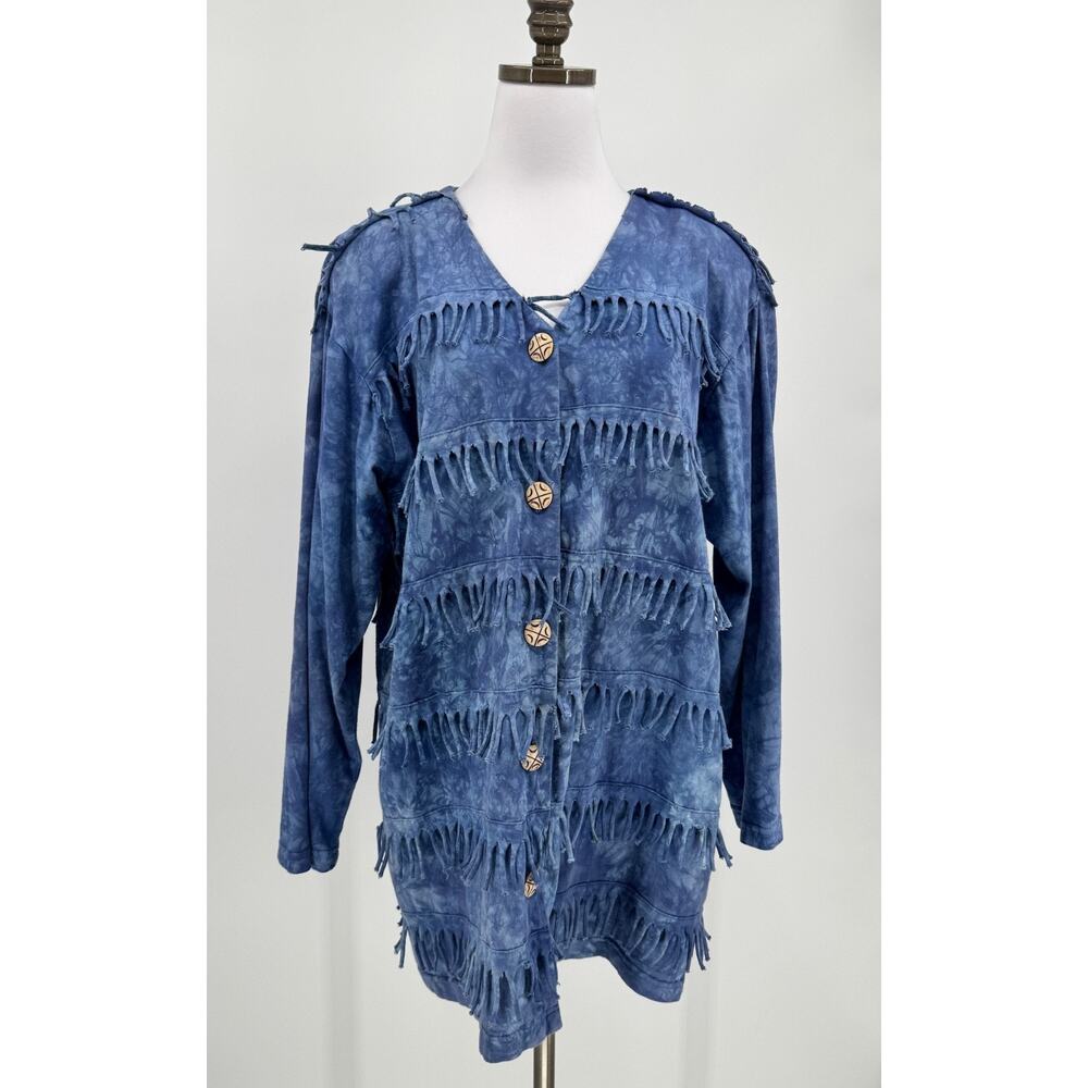 Vintage Blue Cactus Womens Blue Tie Dye Fringe Wooden Buttons Jacket Sz M